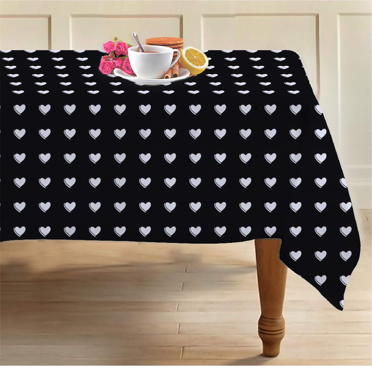 AIRWILL 100% Cotton Printed Pattern 6 Seater Rectangle Table Cover Sized, 56x71 inches (Black,White, Pack of 1)