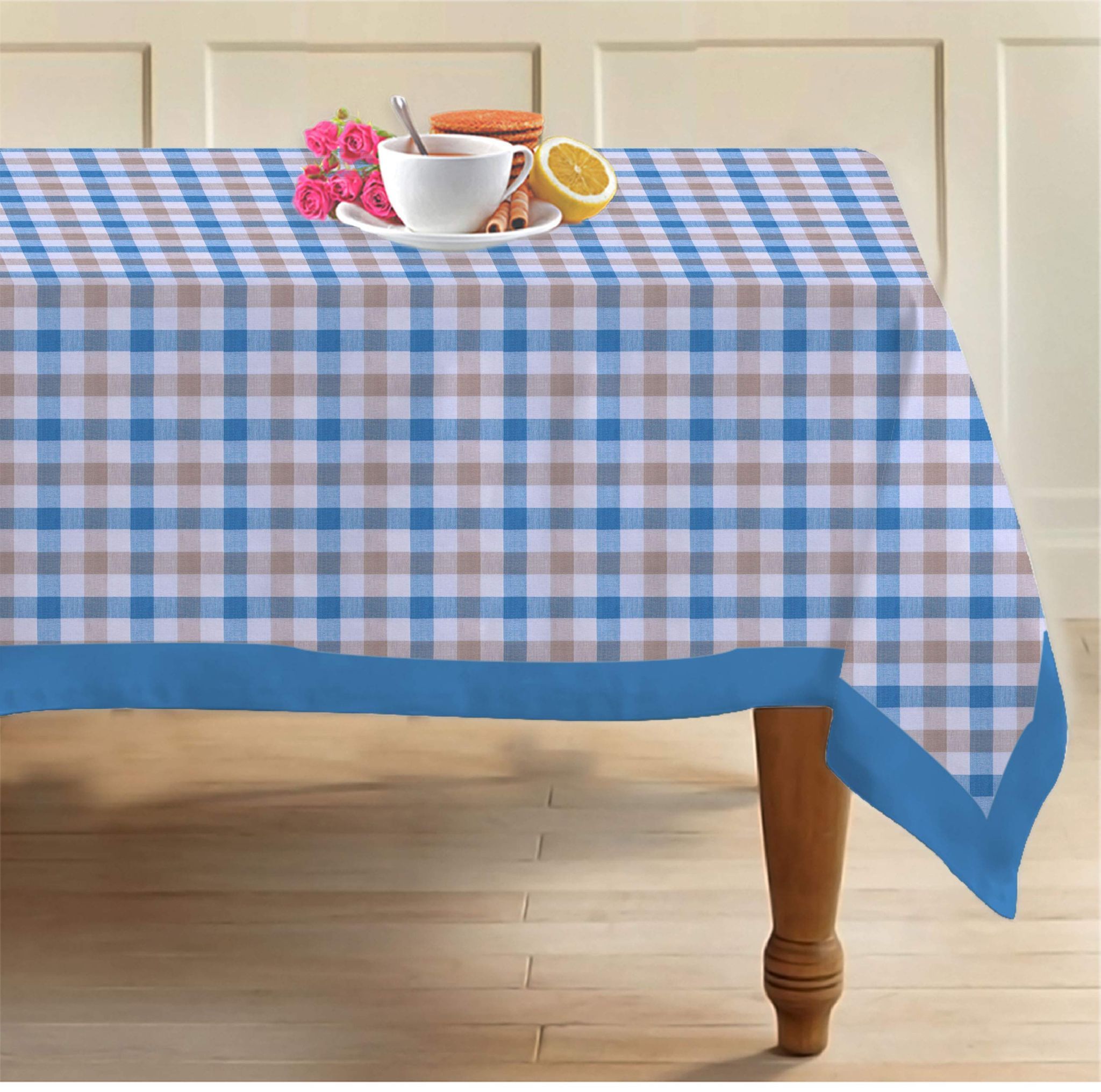 AIRWILL 100% Cotton Checkered Pattern 6 Seater Rectangle Table Cover Sized, 56x71 inches (Blue,Grey, Pack of 1)