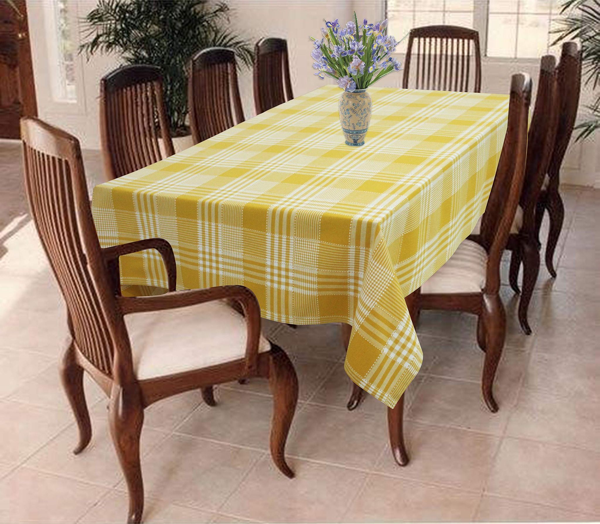AIRWILL 100% Cotton Checkered Pattern 8 Seater Rectangle Table Cover Sized, 56x95 inches (Yellow,White, Pack of 1)