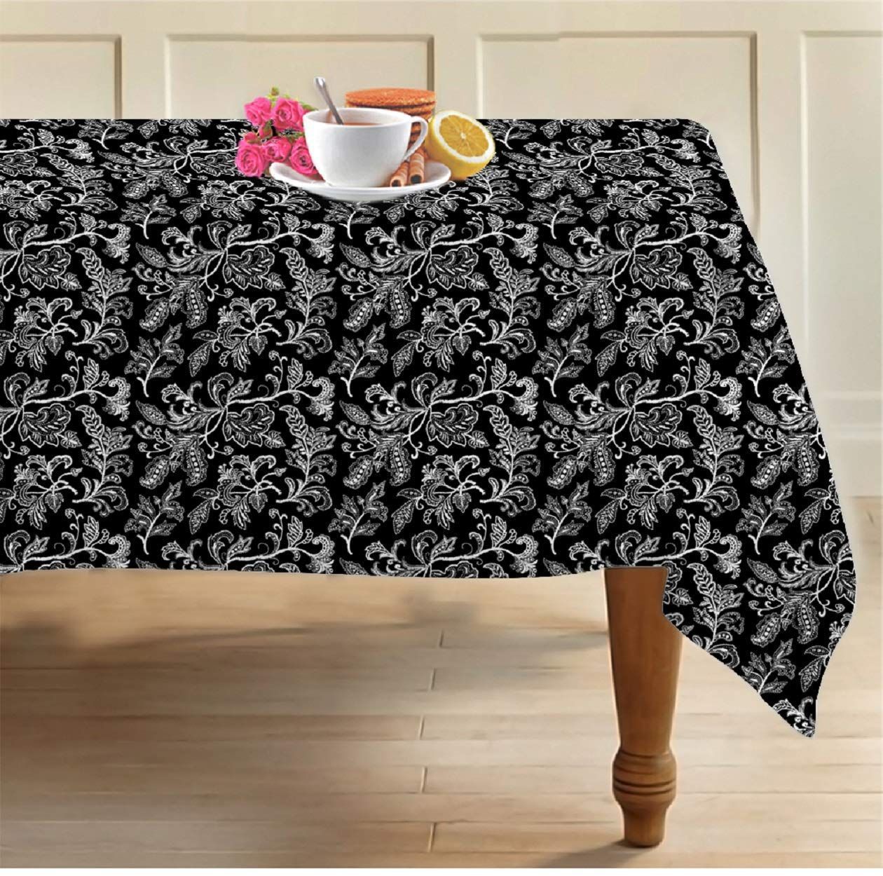 AIRWILL 100% Cotton Floral Pattern 8 Seater Rectangle Table Cover Sized, 56x95 inches (Black,White, Pack of 1)