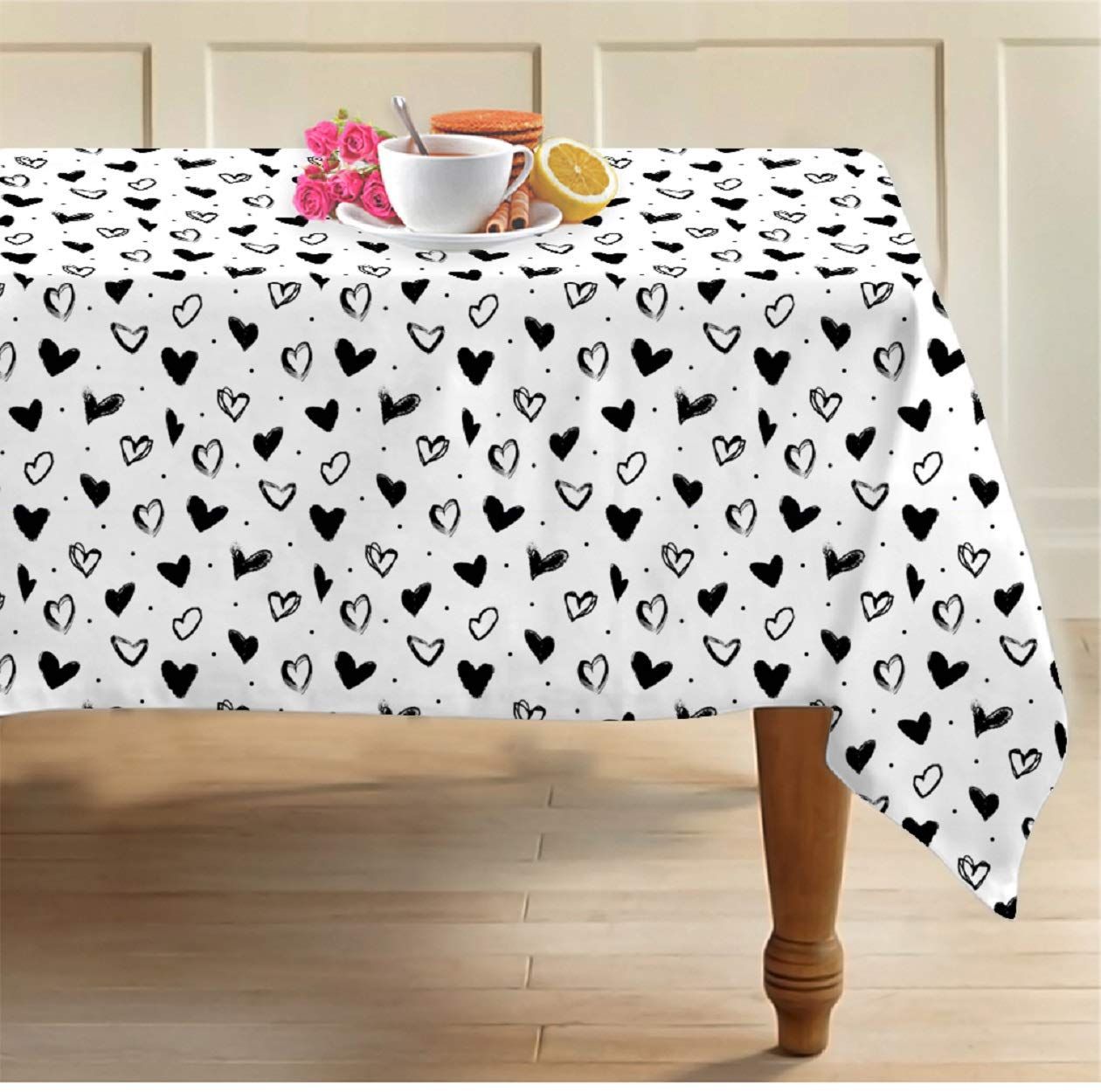 AIRWILL 100% Cotton Printed Pattern 8 Seater Rectangle Table Cover Sized, 56x95 inches (Black,White, Pack of 1)