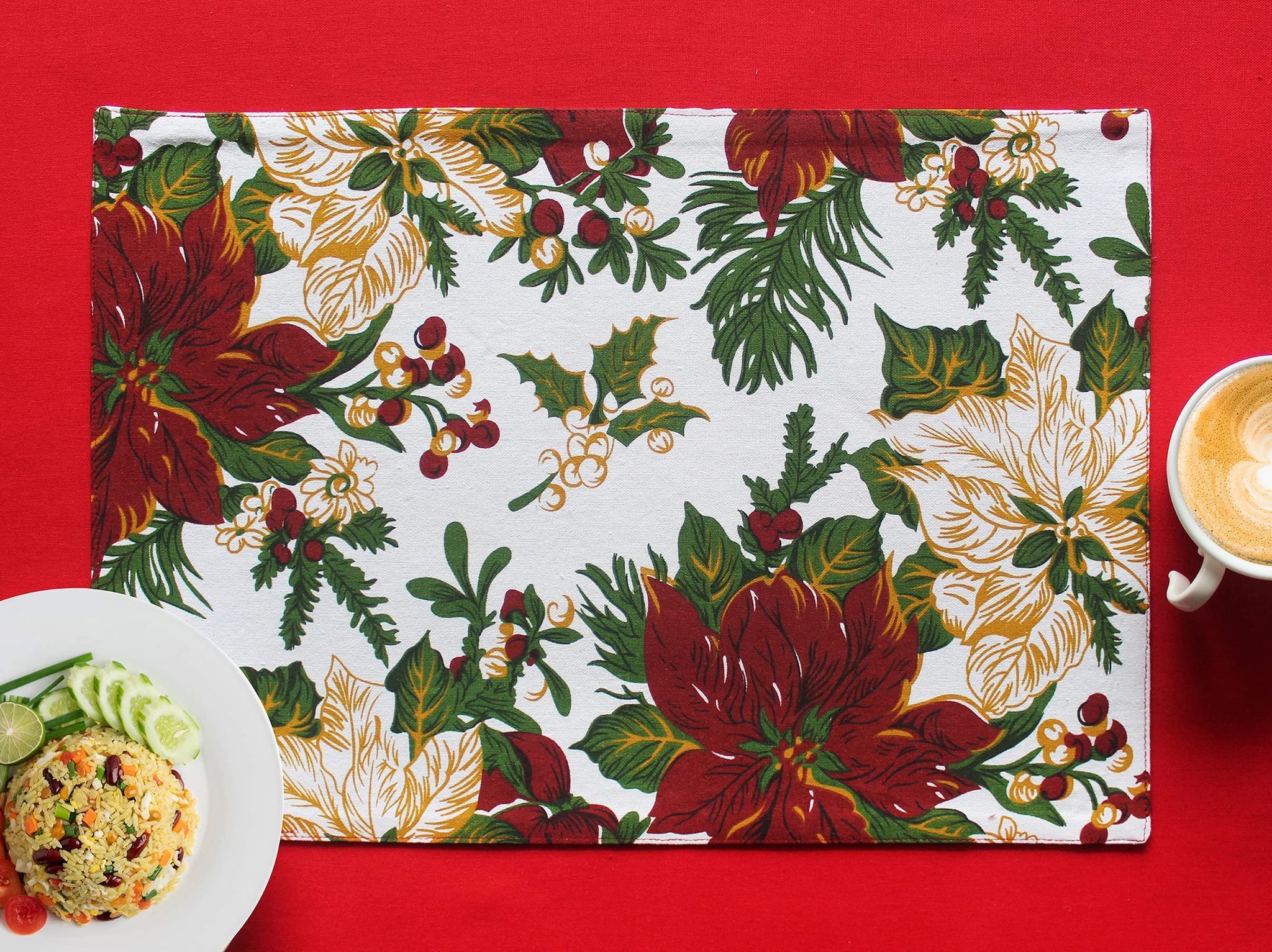 Airwill, Cotton Floral Pattern Dining Table Placemats, 33x48cms (Maroon) - Pack of 4 pcs
