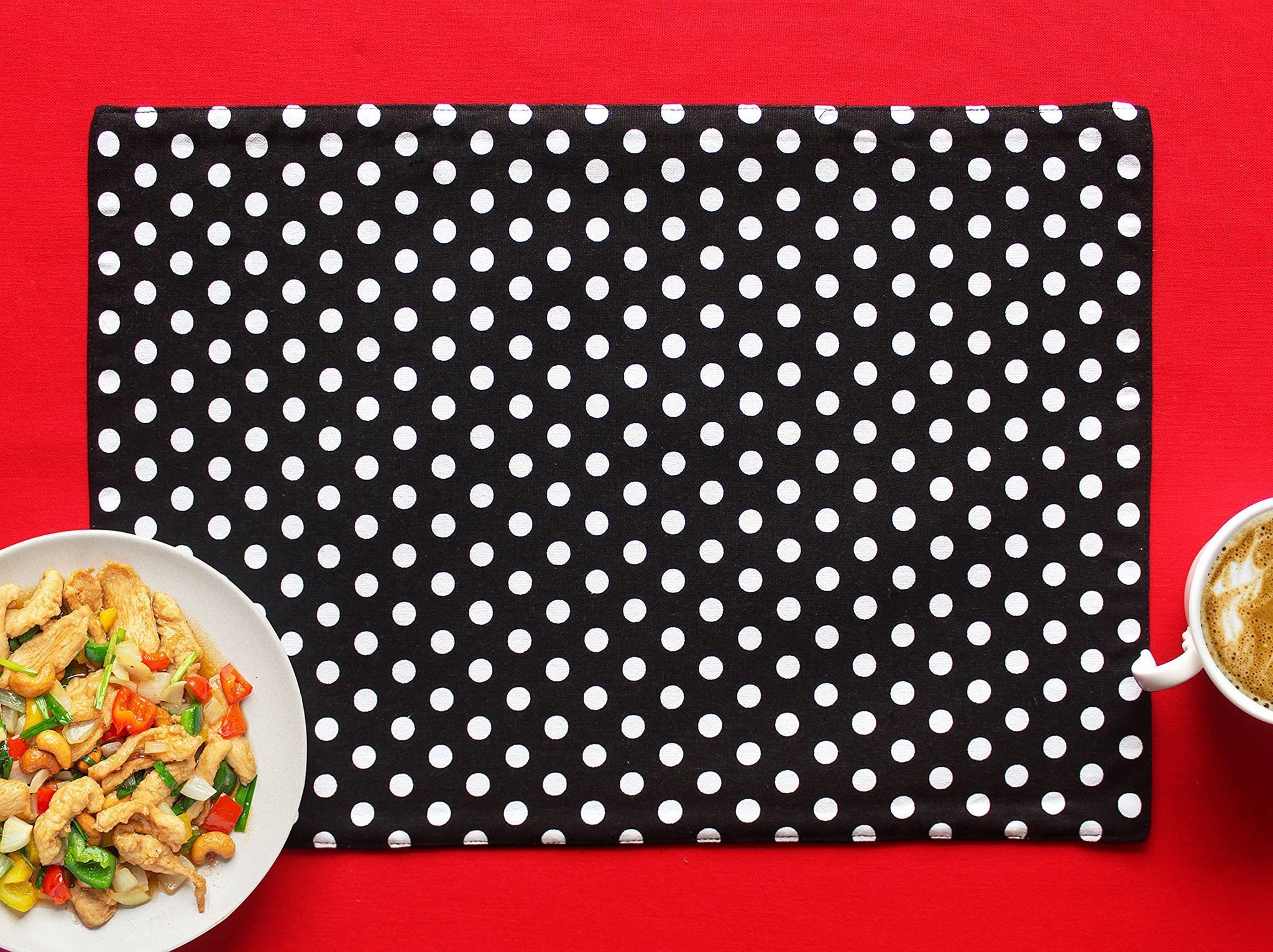 Airwill, Cotton Polka Pattern Dining Table Placemats, 33x48cms (Black) - Pack of 4 pcs
