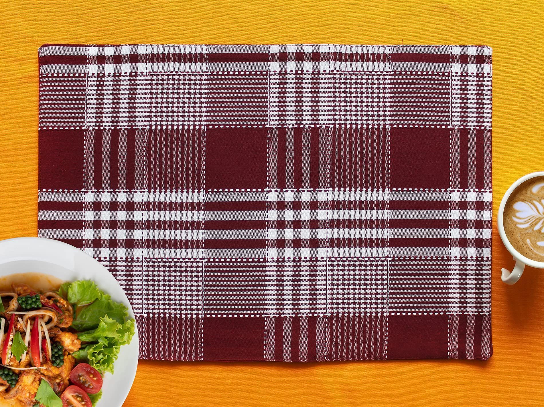Airwill, Cotton Checkered Pattern Dining Table Placemats, 33x48cms (Maroon) - Pack of 4 pcs