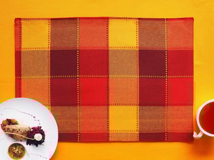 Airwill, Cotton Checkered Pattern Dining Table Placemats, 33x48cms (Red::Yellow) - Pack of 4 pcs