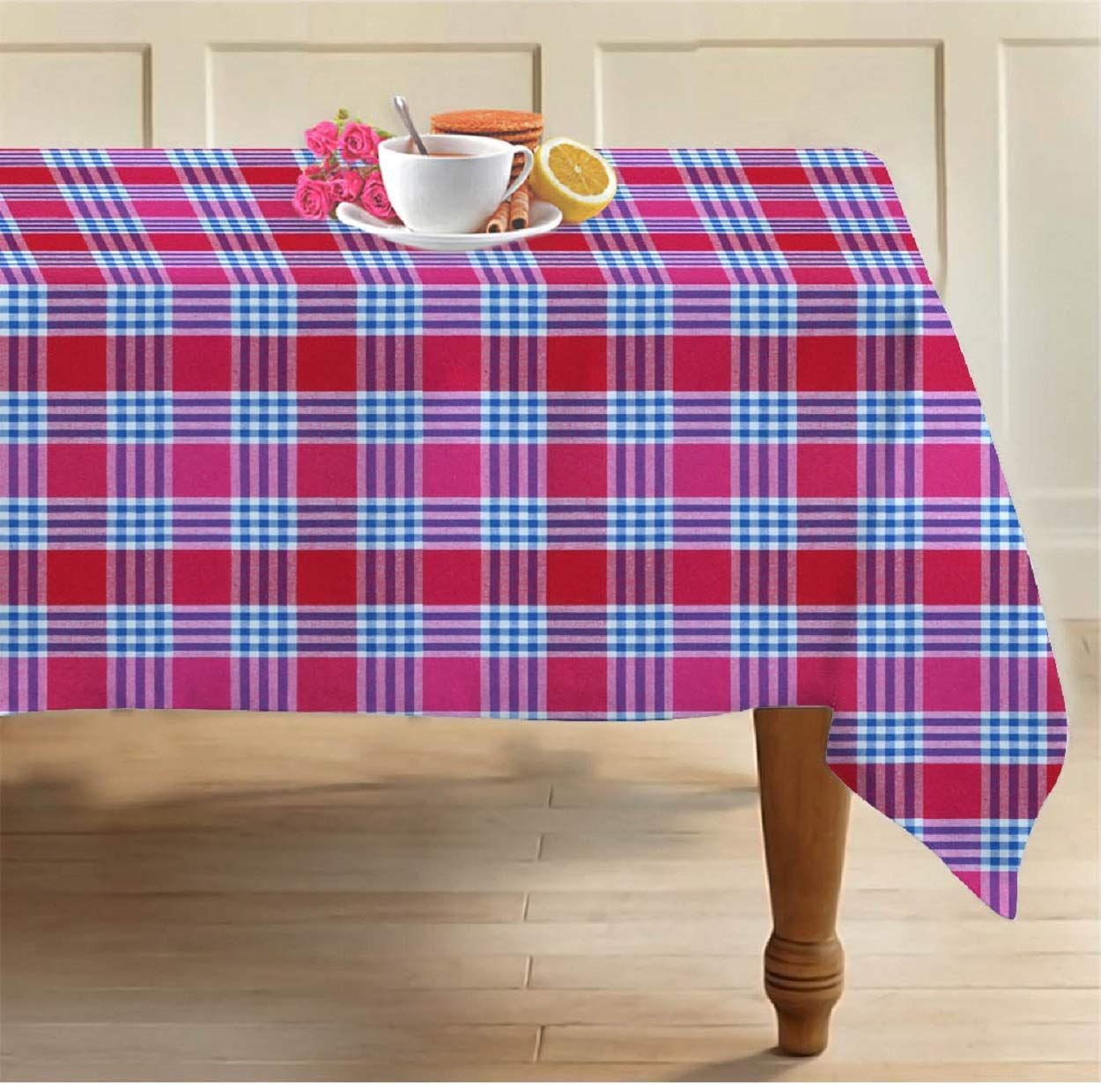 AIRWILL, 100% Cotton Designer Checks Tablecloth/Teapoy Cloth, Sized by 58 inches in Width and 90 inches in Length. Use as 6/8 Seaters, Rectangles Shaped. Pack of 1 Piece.