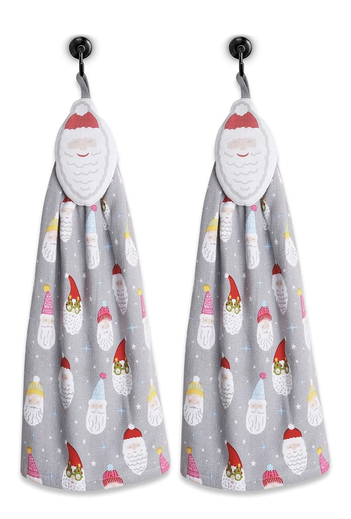 AIRWILL, 100% Cotton Designer Printed with One Side Terry Weaved Woven Wash Basin Towels, Hanging Typed - Design, Santa Claus with Snow Star Theme - Pack of 2 pcs