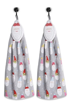 AIRWILL, 100% Cotton Designer Printed with One Side Terry Weaved Woven Wash Basin Towels, Hanging Typed - Design, Santa Claus with Snow Star Theme - Pack of 2 pcs