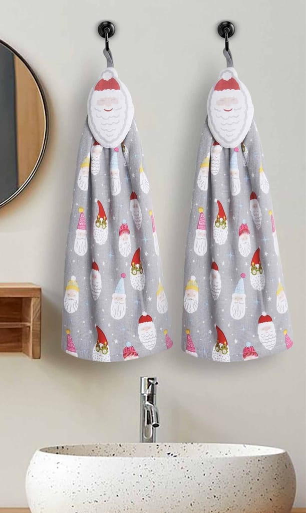 AIRWILL, 100% Cotton Designer Printed with One Side Terry Weaved Woven Wash Basin Towels, Hanging Typed - Design, Santa Claus with Snow Star Theme - Pack of 2 pcs