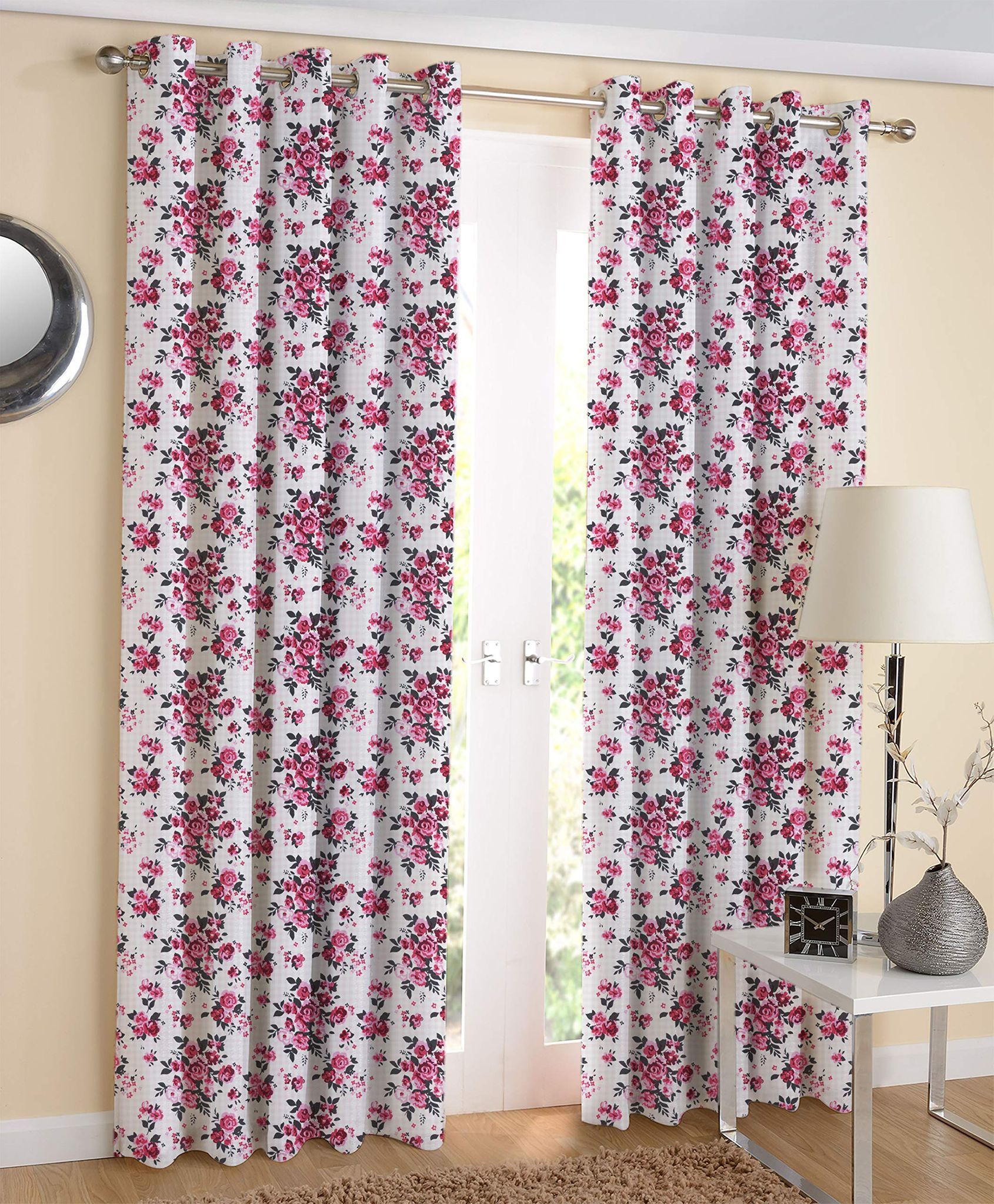 AIRWILL Pink Floral Pattern Cotton Window Curtains 4x5ft Pack of 2 Pieces
