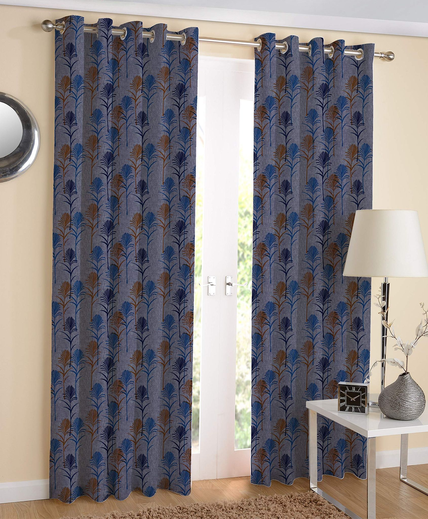 AIRWILL Blue Printed Pattern Cotton Door Curtains 4x7ft Pack of 2 Pieces