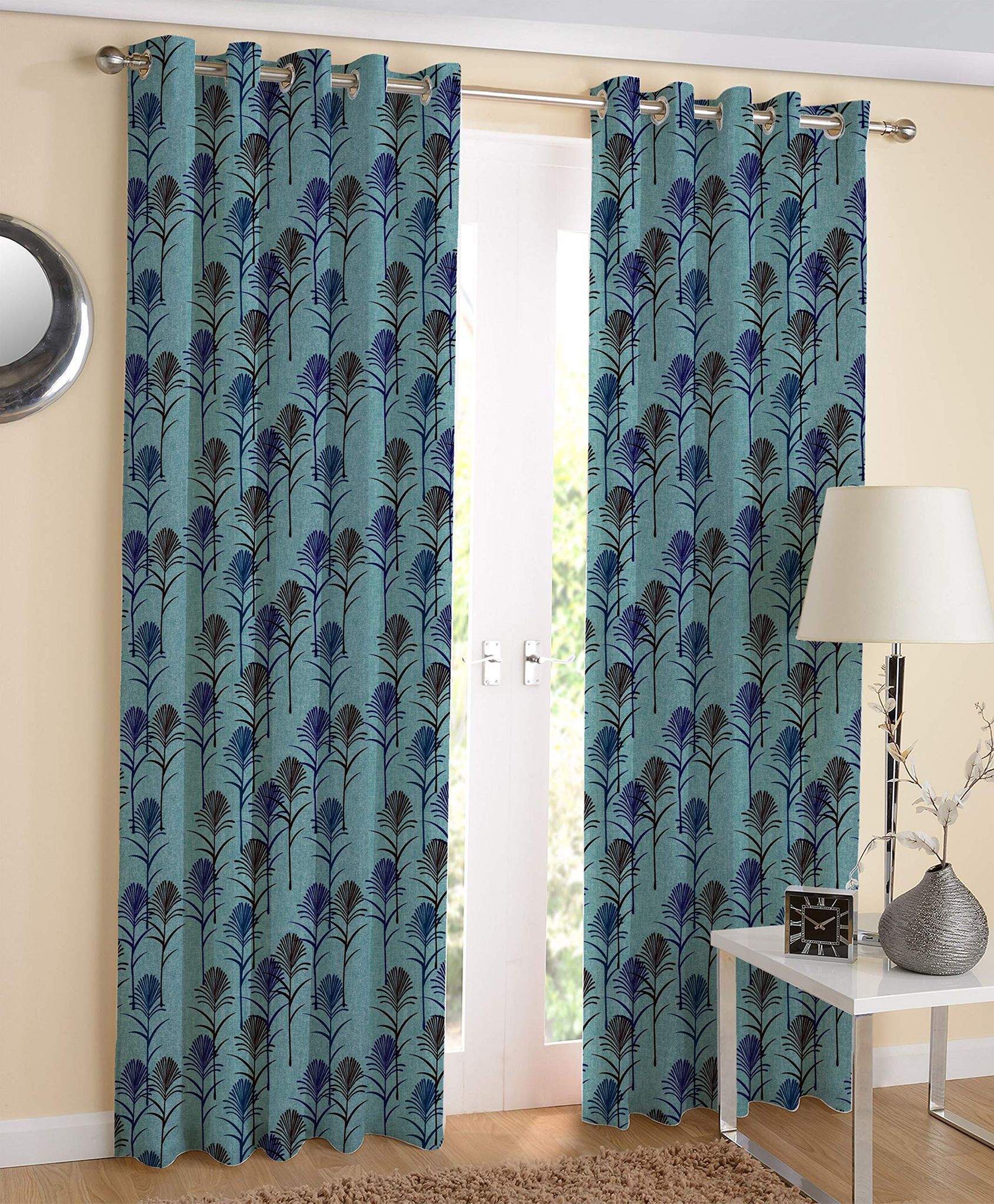 AIRWILL Blue Printed Pattern Cotton Door Curtains 4x7ft Pack of 2 Pieces