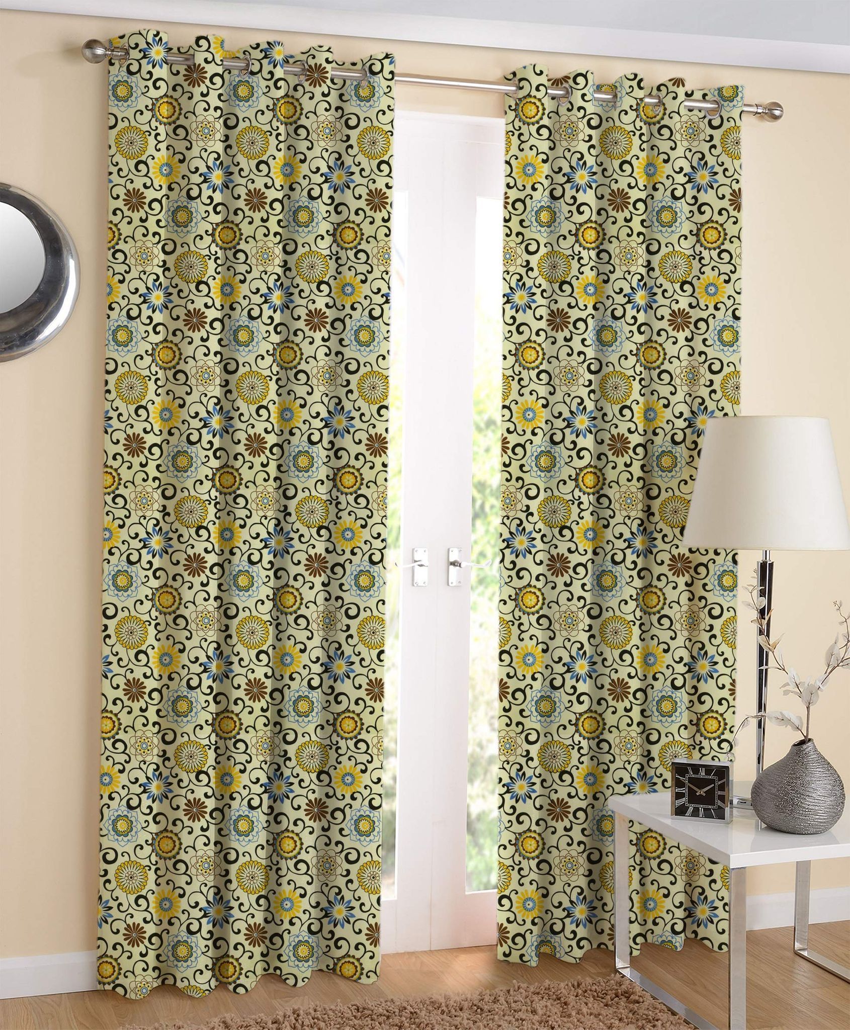 AIRWILL Cotton Floral Grommet Designer Eyelet Door Curtain, 4x7ft, Multicolour, Pack of 2