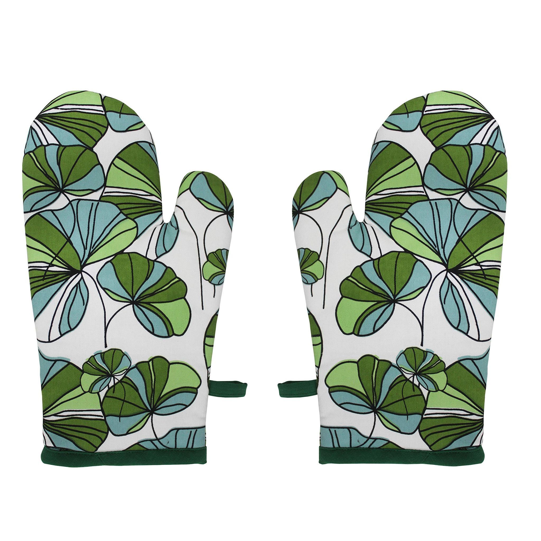 Airwill 100% Heat Resistance, Floral Designed Kitchen Oven Mitts (Gloves) (Green, Pack of 2)