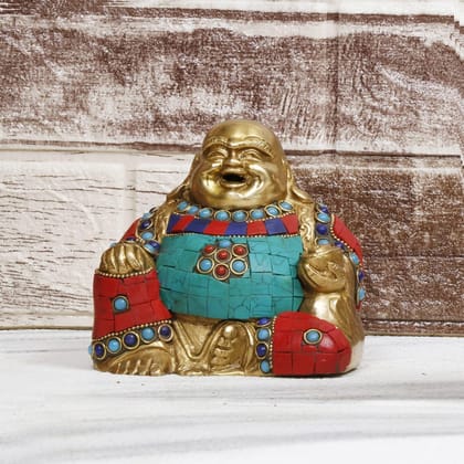 ARTVARKO Feng Shui Happy Man Laughing Buddha Brass Multicolor Gemstone Handwork Sitting and Holding Ingot Statue for Attracting Money Wealth Prosperity Financial Luck (LxBxH 5x3x4.5 Inch)