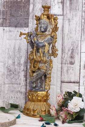 ARTVARKO 18" Large Krishna Idol Brass Antique Finish Lord Krishan Statue Hindu Religious Temple Puja & Home Decor