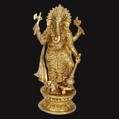 ARTVARKO Brass Standing Chaturbhuja Ganesha Ganpati Murti Statue for Home Office Entrance Decor Pooja Gold Color Height 12 Inch