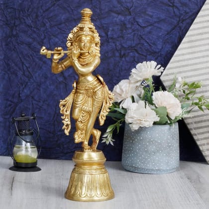 ARTVARKO Brass Lord Krishna Murti for Gift Idol Statue Large Size Krishna Playing Flute Standing On Beautiful Round Pedestal Height 11 Inches