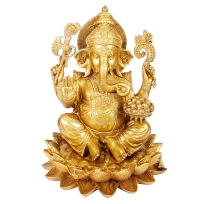 ARTVARKO Brass Ganesha Sitting on Lotus Flower Base Statue Ganesh Murti for Home Temple Gift D�cor Office Height 11 Inches