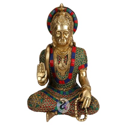 ARTVARKO Brass Hanuman Idol Multicolor Stone Handwork | Bajrang Bali Sitting Blessing Meditation for puja Sculpture Diwali Decor Gifts Height 11 Inches