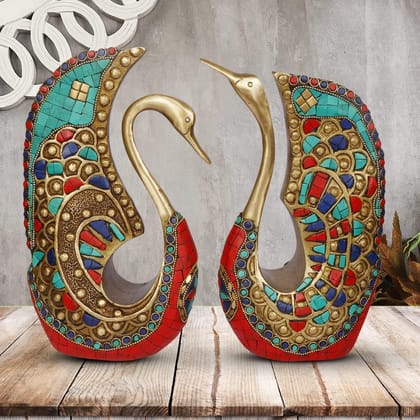 ARTVARKO Brass Swan | Duck Pair Turquoise Statue Vastu Love Couple Decorative Animal Gift Showpiece Height 9.5 Inches