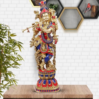ARTVARKO Brass Lord Krishna Bhagwan Large Statue Multicolor Murti for Home Decor Pooja Temple Room Gallery Gift Sculpture Height 29 Inch