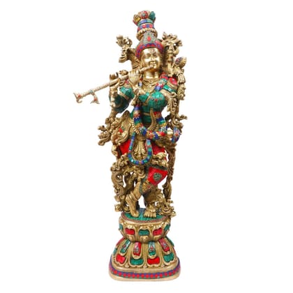 Artvarko Big Lord Murli Manohar Krishna/Krishan Brass Statue with Multicolor Gemstone Handwork Murti Gift & Home D�cor (Big Size, 29 Inches)