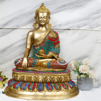 ARTVARKO Big Brass Buddha Sitting on Lotus Statue Color Stone Handwork Work Sculpture Idol for Home D�cor Gift Religious Showpiece Good Luck Office Table Showpiece 20 Inch