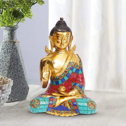 ARTVARKO Buddha Statue Blessing Brass with Multicolor Stone Handwork Home Decor Entrance Office Table Living Room Meditation Luck Gift Feng Shui 8 Inch