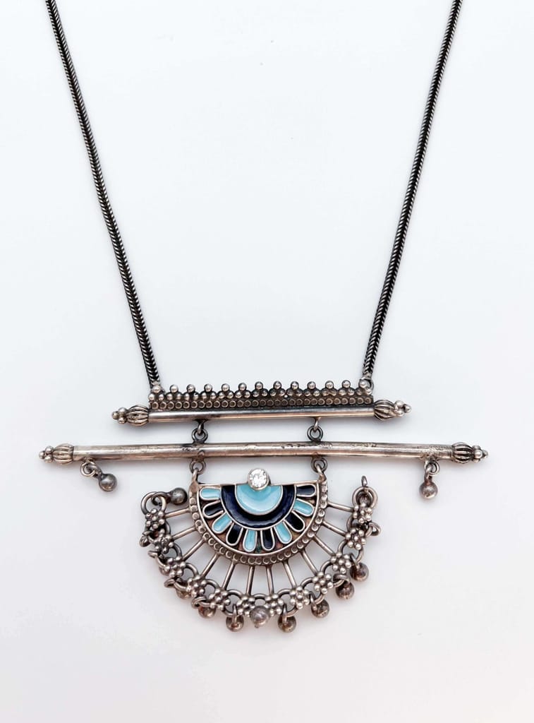 Adhyavi long silver necklace with enamel pendant