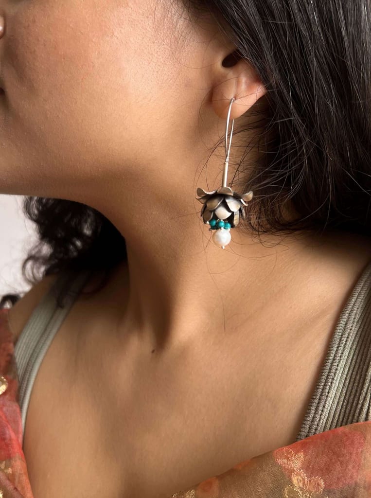Neeraja silver danglers with turquoise bead and statement fish hook