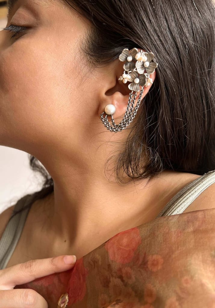 Bahar oxidised silver ear cuffs with natural pearls