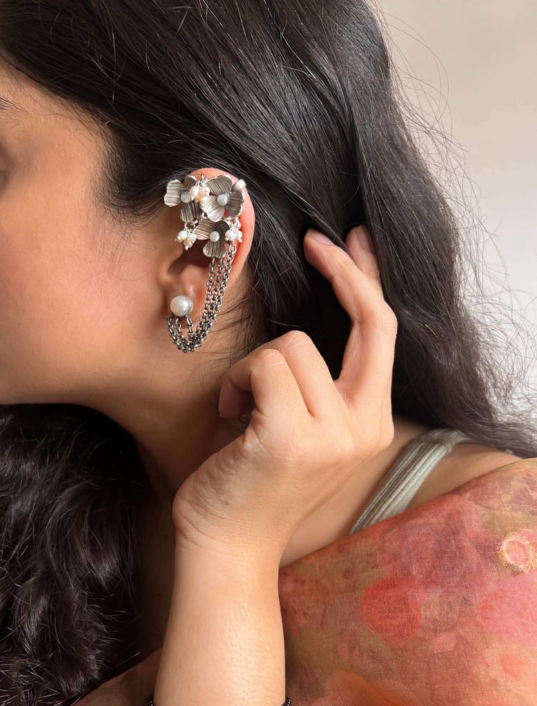 Bahar oxidised silver ear cuffs with natural pearls