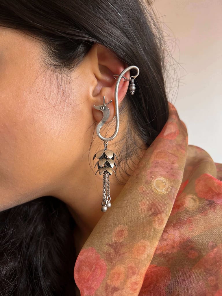 Mihira oxidised silver swan earcuffs