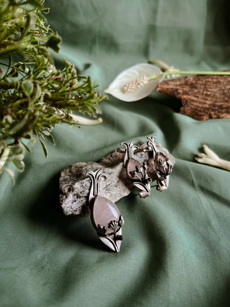 Leher fish motif ear studs with pink opal