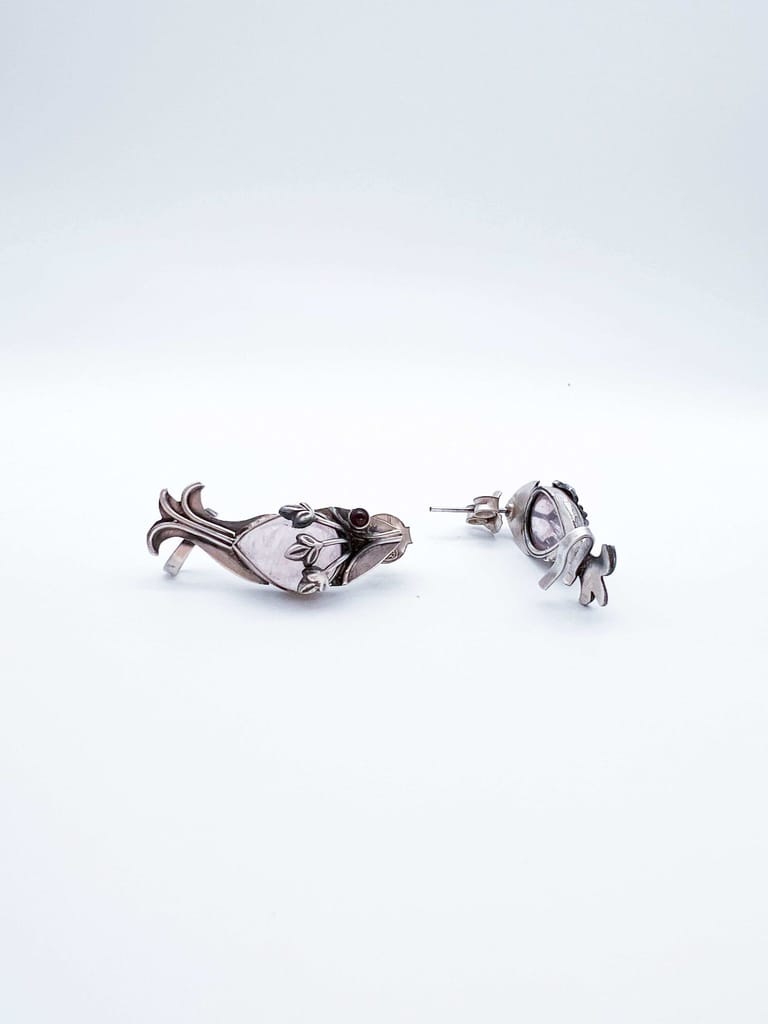 Leher fish motif ear studs with pink opal