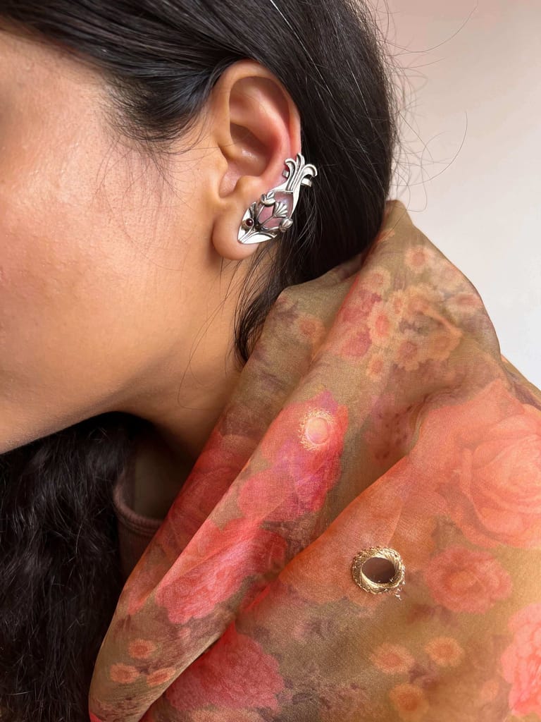 Leher fish motif ear studs with pink opal