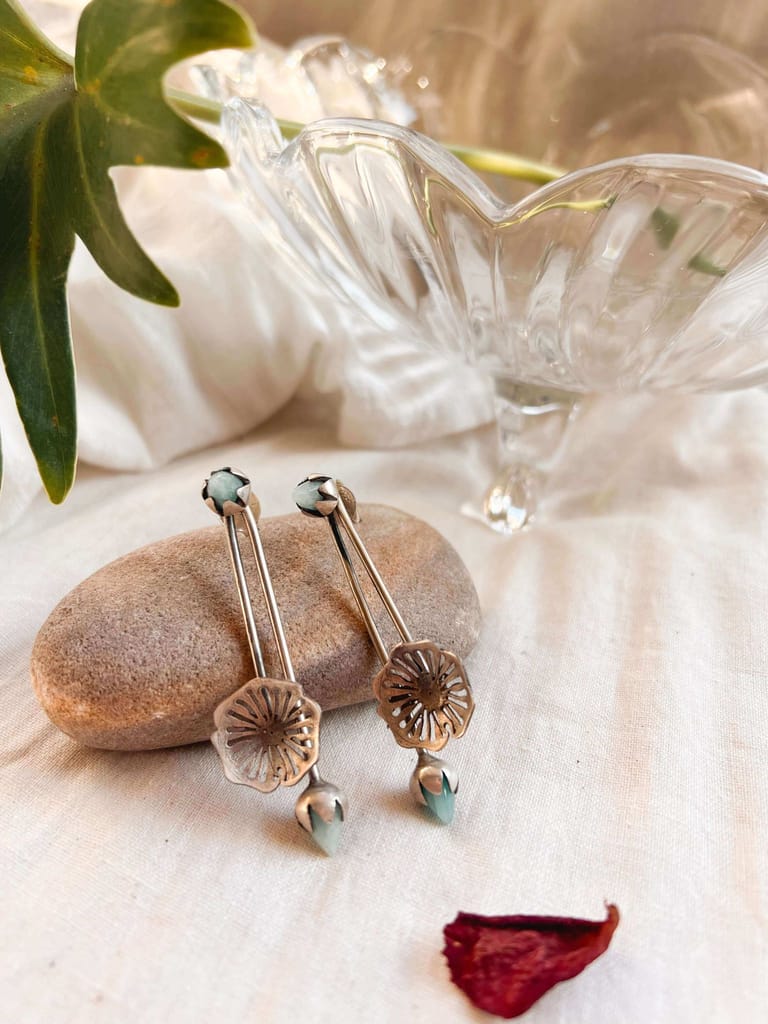 Sai oxidised silver earring with blue chalcedony