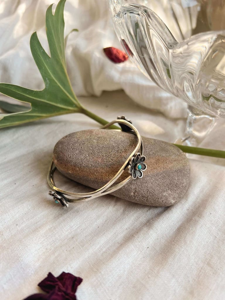 Nirvi oxidised silver kada with turquoise stone