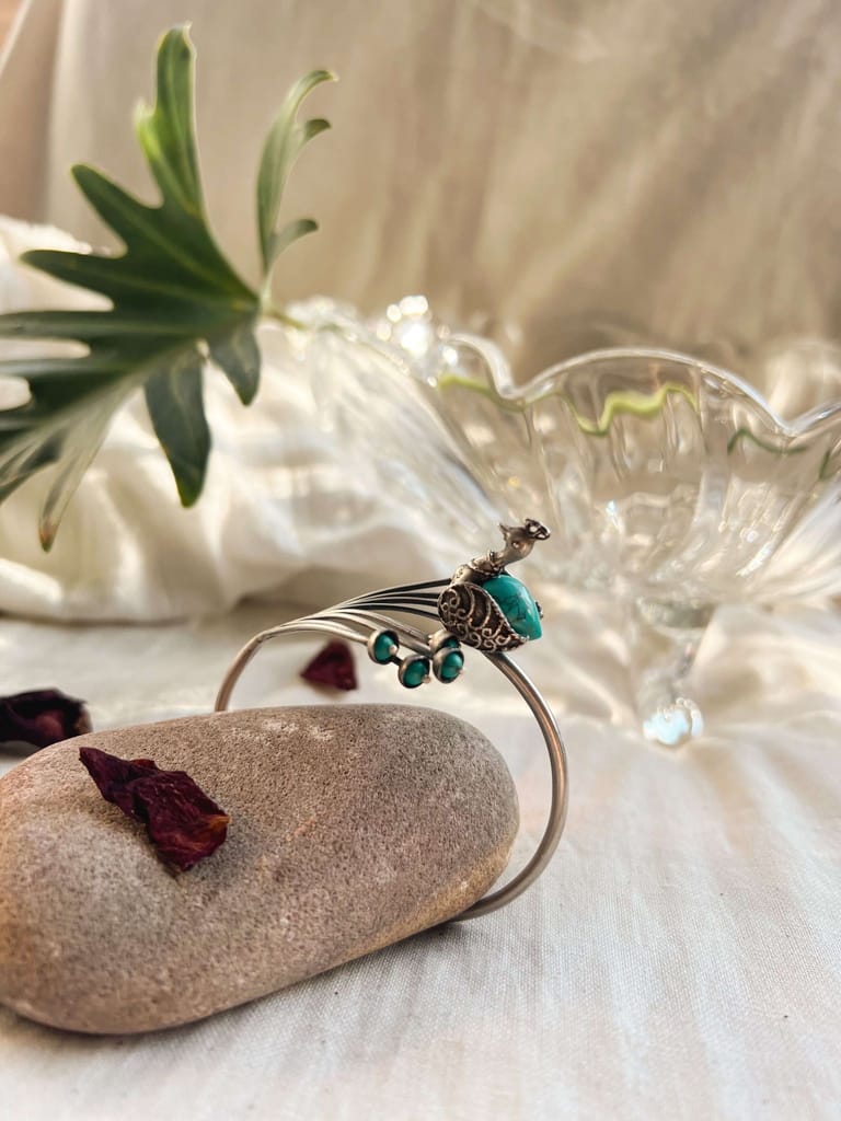 Kuhu oxidised silver adjustable kada with turquoise stones