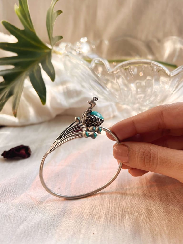 Kuhu oxidised silver adjustable kada with turquoise stones