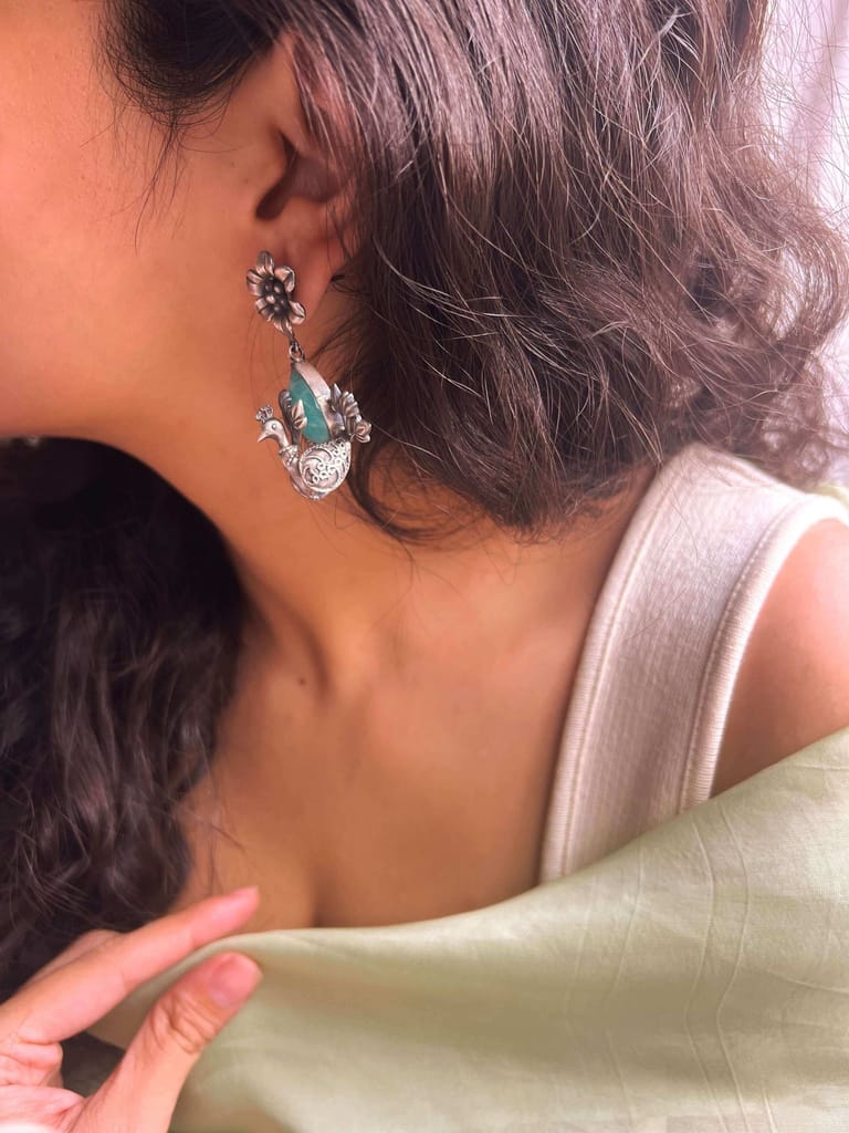 Saira oxidised silver peacock earring with blue chalcedony