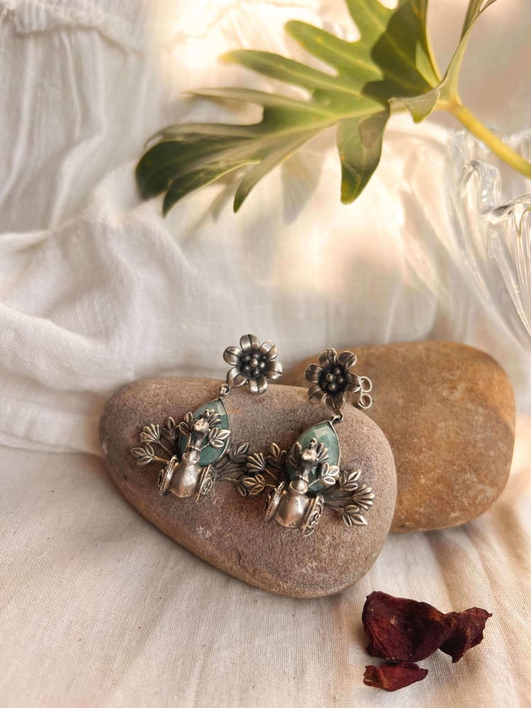 Saira oxidised silver peacock earring with blue chalcedony