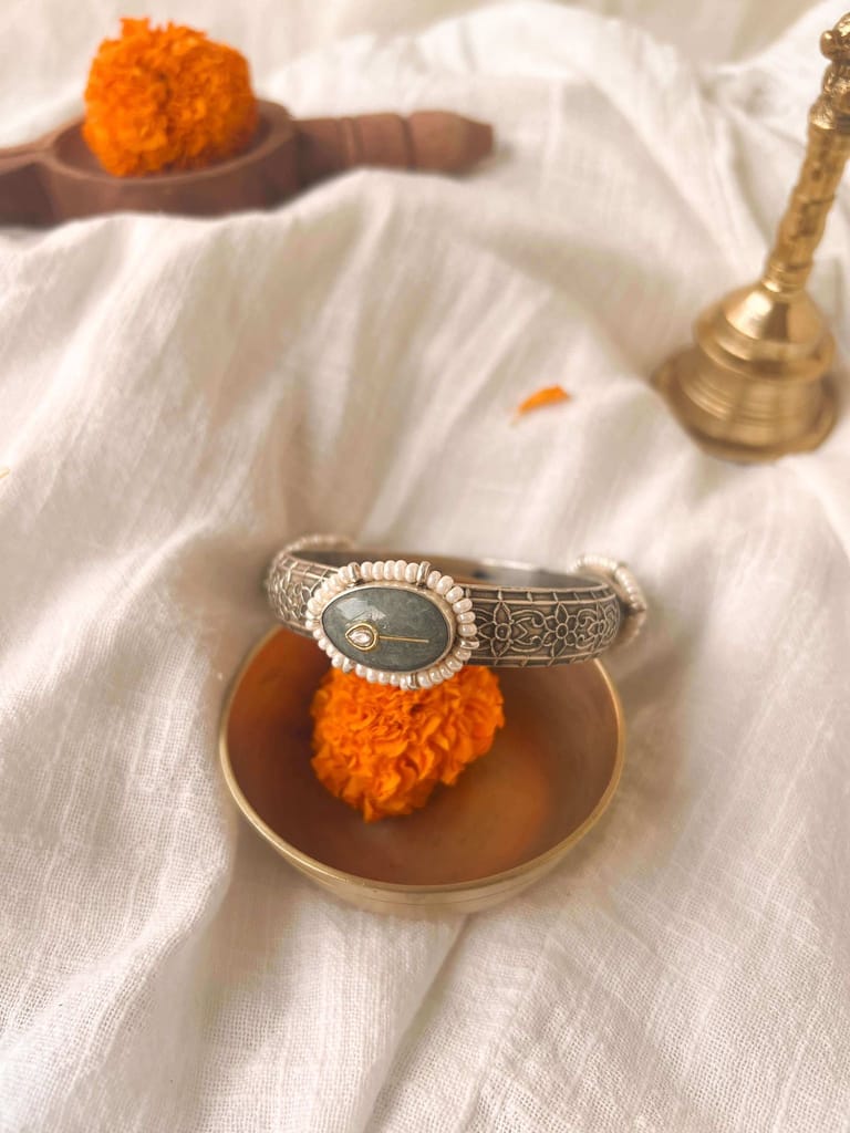 Roma oxidised silver kada with blue chalcedony stone