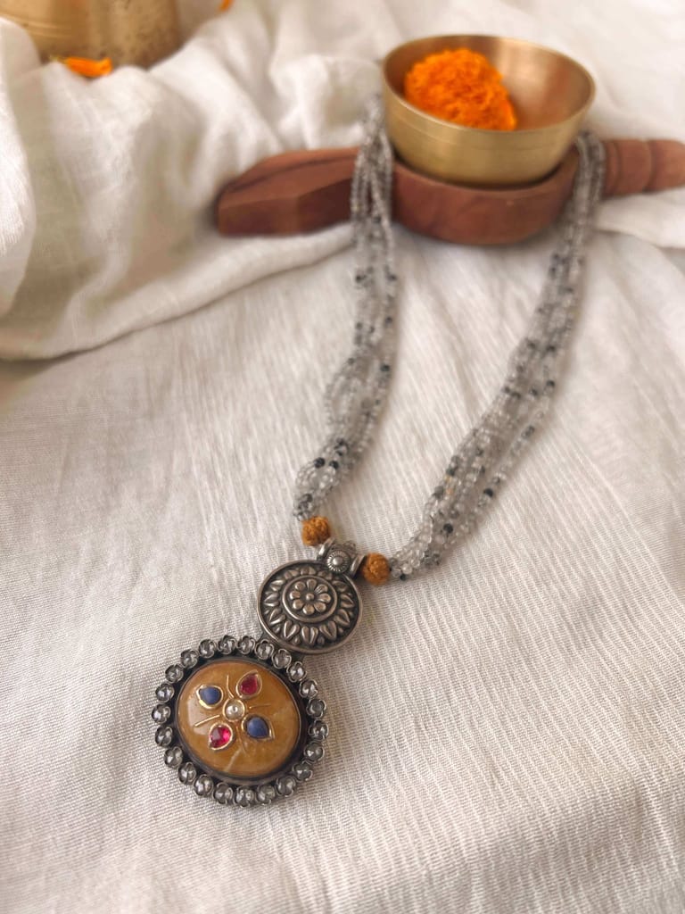 Baadal oxidised silver long necklace with yellow jasper stone