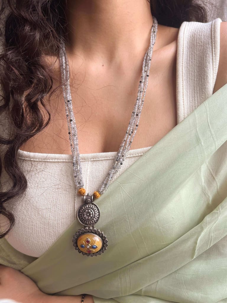 Baadal oxidised silver long necklace with yellow jasper stone