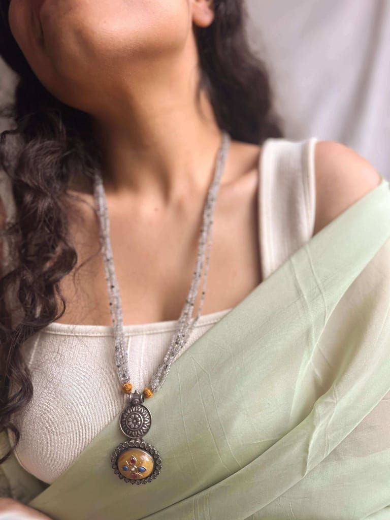 Baadal oxidised silver long necklace with yellow jasper stone