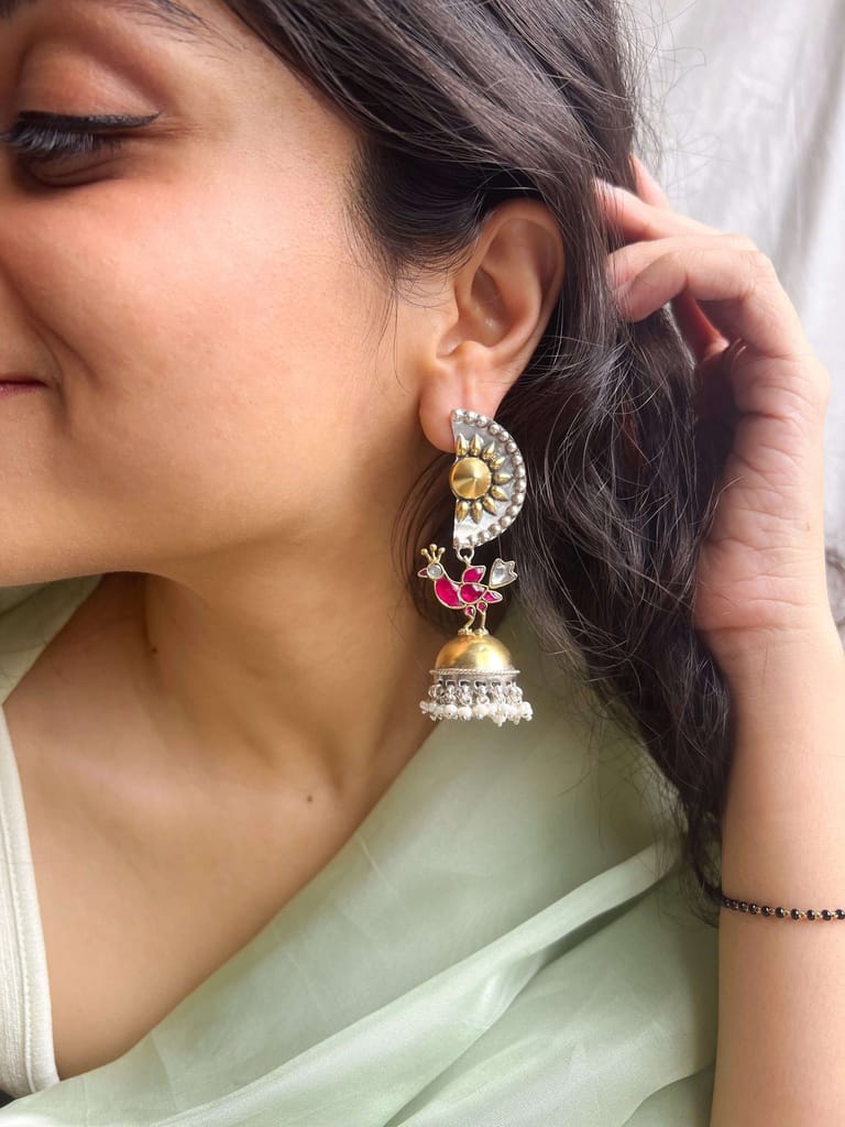 Maithili dual tone silver jhumka with ruby onyx and cluster pearls