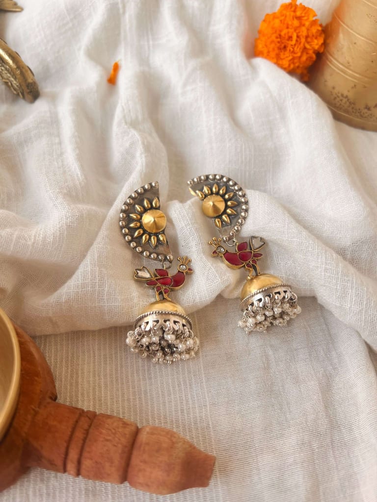 Maithili dual tone silver jhumka with ruby onyx and cluster pearls