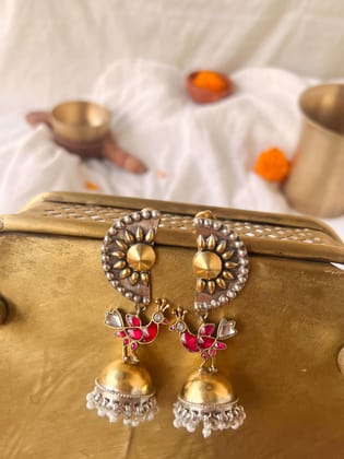 Maithili dual tone silver jhumka with ruby onyx and cluster pearls